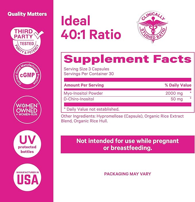 Pink Stork Myo-Inositol & D-Chiro Inositol Supplement - Hormonal Balance for Women - Ovarian Support - 40:1 Ratio - Fertility Supplements for Women - 180 Capsules, 2 Month Supply