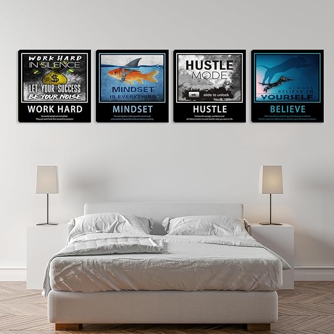 Inspirational Office Quote Motivational Wall Art Canvas Poster Wall Painting Black Framed Wall Picture for Bedroom Living Room Artwork 12x12x4PCs