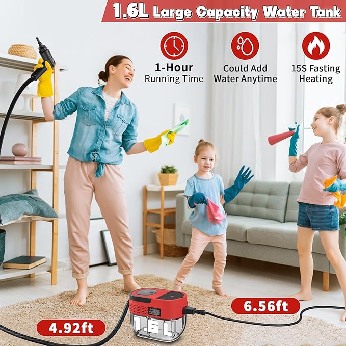 Handheld Steam Cleaner for Home, 2500W High Temperature Pressurized Machine, 1.6L Water Tank, Handle-controlled Steam Output, Portable Cleaning Steamer for Car, Bed Bugs, Furniture, Grout (Red)