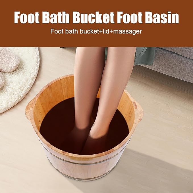 DouSeiAi Wood Foot Tub with Massager, lid and Massage Roller, Solid Wood Handmade Wooden Foot Basin Set for Soaking Feet Spa Foots Care