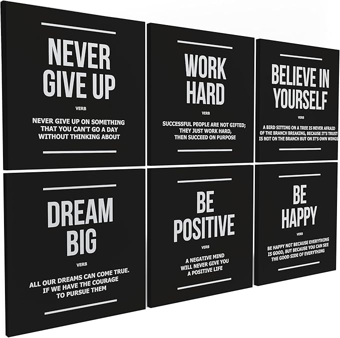 6X Motivational canvas, wall art for bedroom and office, inspirational black and white canvas poster, motivational poster set, decor bundle for home, wall pictures for living room (6x - 30 X 30 in)