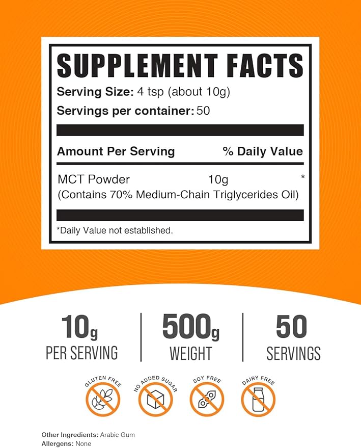 BulkSupplements.com MCT Powder - Medium Chain Triglycerides, from MCT Coconut Oil, MCT Oil Powder - MCT Supplement for Energy - Gluten Free, 10g per Serving, 500g (1.1 lbs) (Pack of 1)