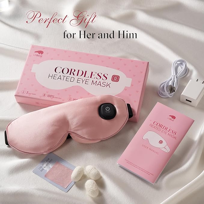 LitBear Heated Eye Mask, Silk Cordless Warm Eye Compress for Dry Eyes, Light Blocking Heat Eye Mask for Women Men, Soft Eye Heating Pad for Dry Eyes, Travel, Rechargeable, Washable Cover (Pink)