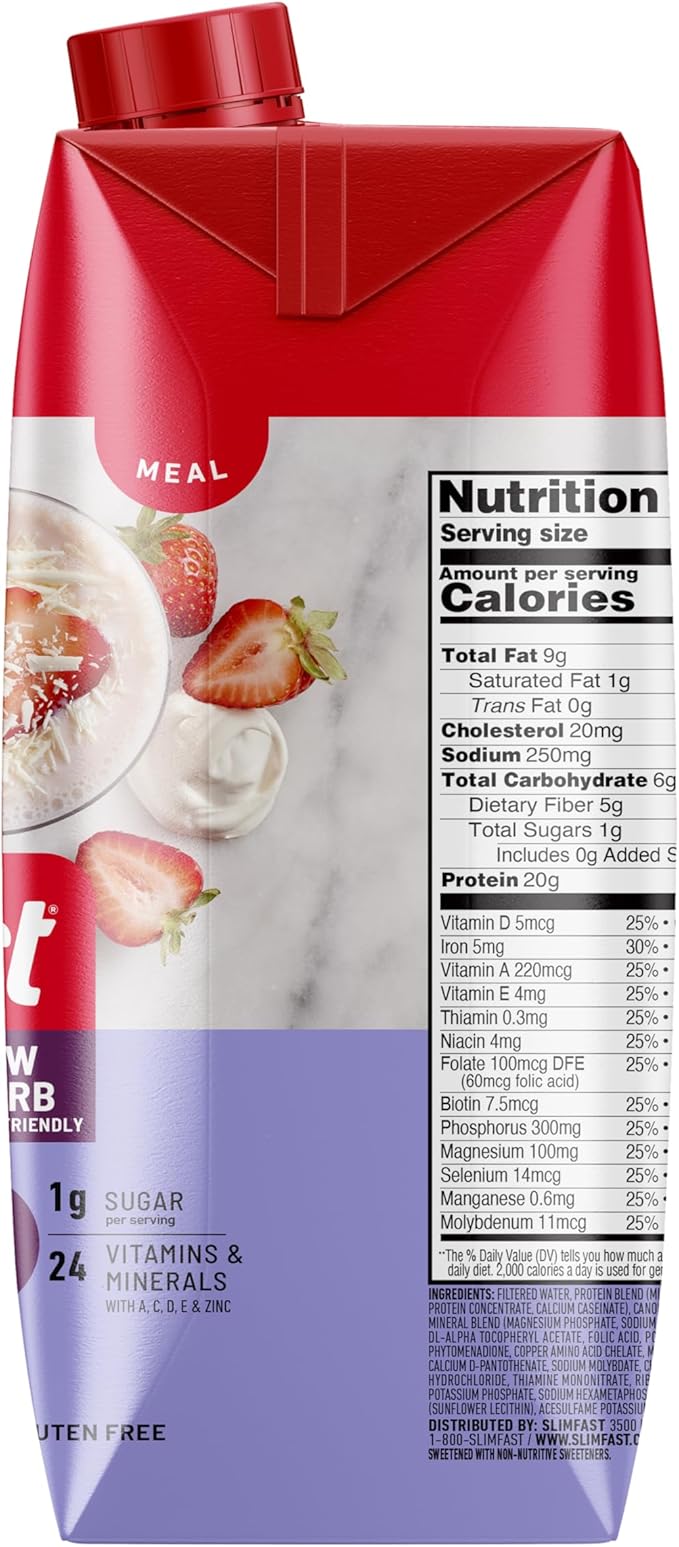 SlimFast Protein Shake, Strawberry- 20g Protein, Meal Replacement Shake Ready to Drink, High Protein with Low Carb and Low Sugar, 24 Vitamins and Minerals, 12 Count (Pack of 1) (Packaging May Vary)