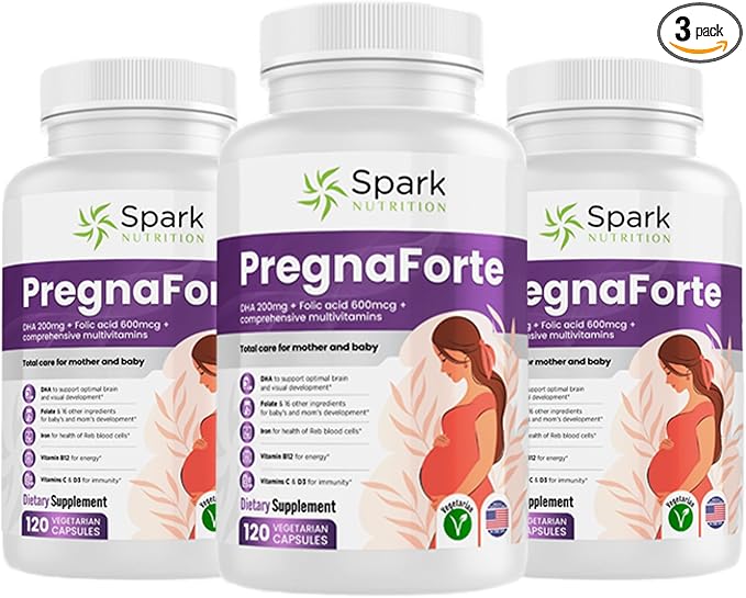 Pregnaforte 1 a day Prenatal vitamins for women 2 month: Folic acid, Fish Oil Omega 3 DHA/EPA, D3, B6, B12, C, E, Calcium, Iron, Magnesium, Zinc supplement FSA HSA eligble multivitamin, Pack of 3
