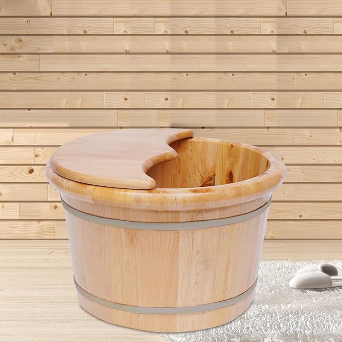 Eapmic Wooden Foot Bath Bucket with Massage Rollers and Lid, Feet Massage Barrel, Solid Wood Round Foot Soak Tub, Home Sauna Feet Basin, Pedicure Barrel for Spa, Massage, Sauna (E)