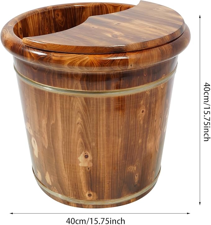 Wooden Foot Bath Bucket Foot Soaking Bath Basin with Lid Wood Footbath Barrel with Massage Beads Plate Pedicure Barrel for Spa, Massage, Sauna 15.75 * 15.75in (Brown)