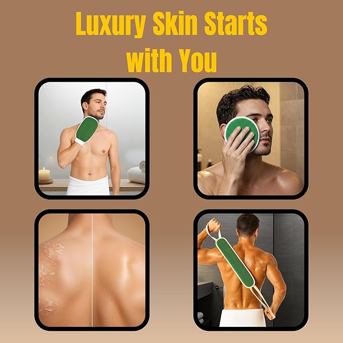 Exfoliating Glove Set (Original) – 3 Pieces Moroccan Hammam Scrub Mitts for Face, Body & Back – Deep Skin Cleansing & Dead Skin Removal – Reusable Spa Exfoliator – Assorted Colors (GREEN)