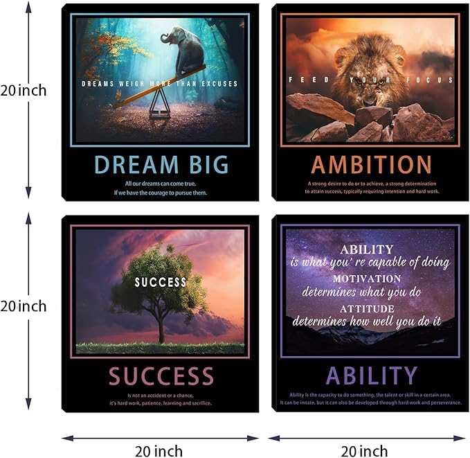 Motivational Wall Decor Art Office Wall Decor Inspirational Wall Art Success Canvas Paintings Quotes Posters Wall Picture 4 Pieces Framed Artwork Living Room Bedroom Home Decoration 20"x20"x4pcs
