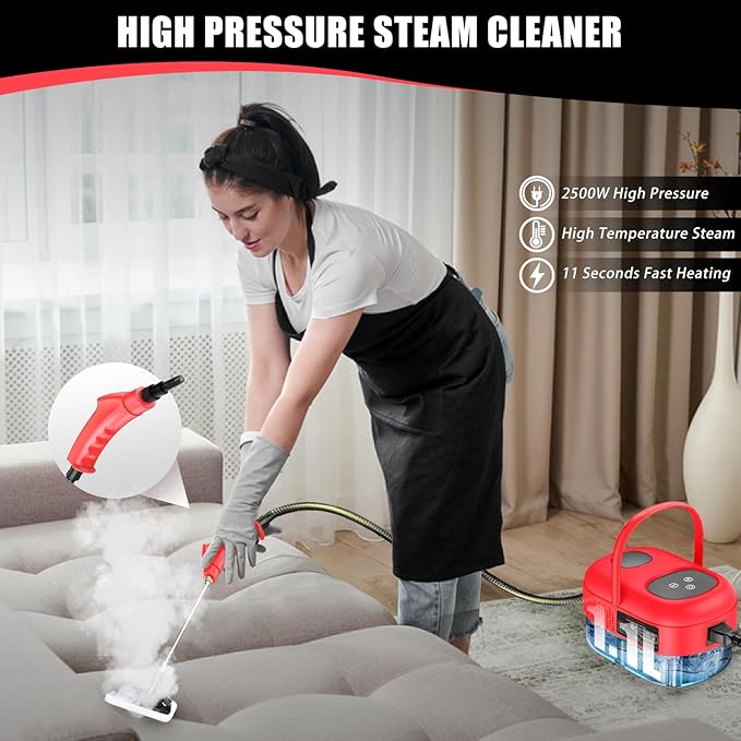 2500W Handheld Steam Cleaner, Portable Steamer for Cleaning with Touch Screen, Hand Held Steamer Cleaner, Pressurized Hand Steam Cleaner for Home Car Detailing Walls Grout Couch Tile Carpet, Red