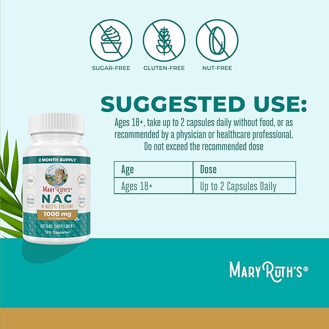 MaryRuth's NAC Supplement N-Acetyl Cysteine | 2 Month Supply | NAC 1000mg per Serving | Vegan Capsules | Gluthamine Precursor | Amino Acid | Non-GMO | Gluten Free | 120 Count | 60 Servings