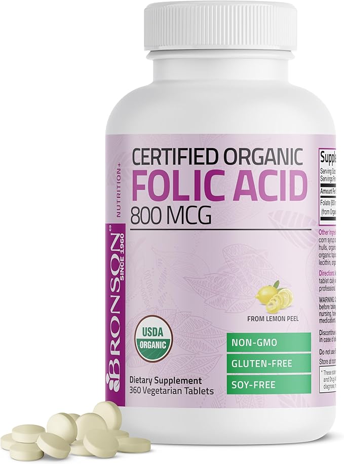 Bronson Organic Folic Acid (Vitamin B9 Folate) 800 mcg Folate from Lemon Peel 360 Tablets
