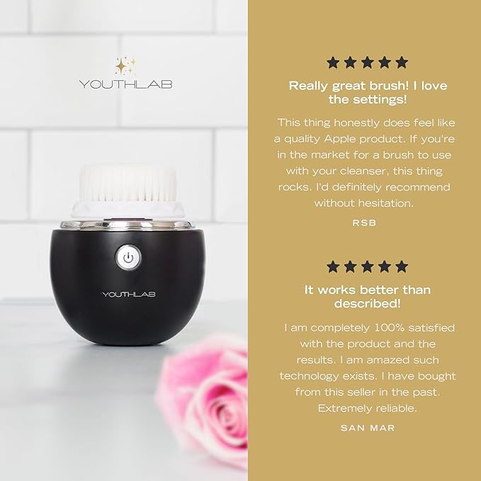 Pure Radiance, Vibrating Facial Cleansing Brush, Electric, 3 Modes, 3 Brush Heads (2 Bristle,1 Silicone), Waterproof, Rechargeable, Smart Timer, Exfoliating, Massage (Black)