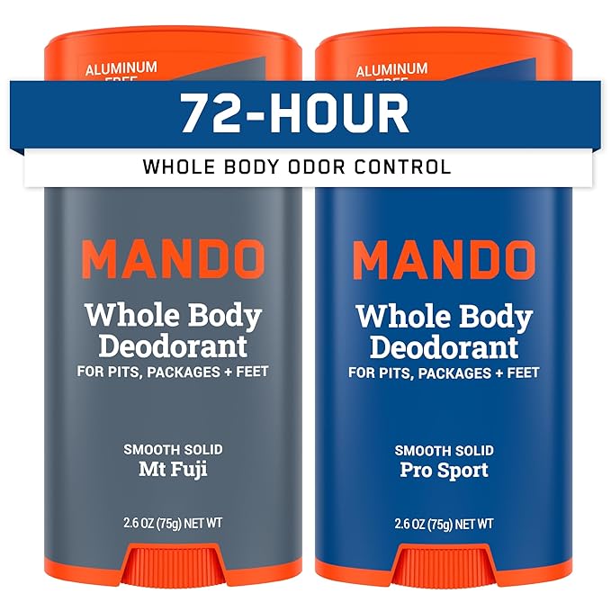 Mando Whole Body Deodorant For Men - Smooth Solid Stick - 72 Hour Odor Control - Aluminum Free, Baking Soda Free, Skin Safe - 2.6 Ounce (Pack of 2) (Mt Fuji & Pro Sport)
