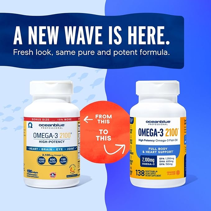 Oceanblue Professional Triple Strength Omega DPA Fish Oil Supplements 2100mg, High Potency EPA DHA DPA, Wild Caught, Burpless, 69 Servings (138 Count Natural Orange Flavor)