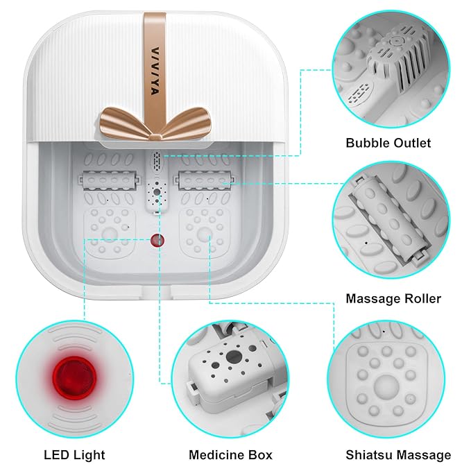Collapsible Foot Bath Spa with heat and Massage Rollers, Foldable Foot Soak Tub with Bubbles Jets and LED light, Pedicure Foot Spa Massager with Foot Scrubber for Home Use (White)