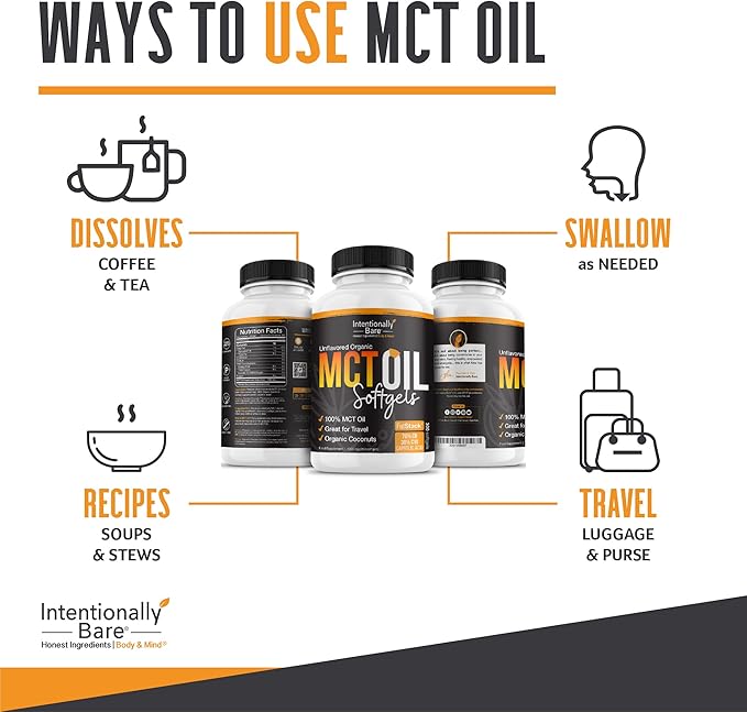 Intentionally Bare Organic MCT Oil Capsules - 70% C8 MCT Oil & 30% C10 MCT Capsules Unflavored for Keto Low Carb and Paleo Diet - Coconut C8 & C10 for Energy Mood & Focus - Non-GMO 300 Soft Gels