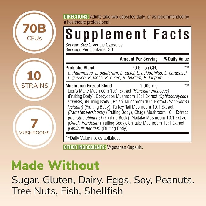 Probiotics+Mushroom, with Lion's Mane, Reishi, Cordyceps, 10 Probiotic Strains, 10000mg Mushroom Strength, for Digestive, Immune, Brain Health & Energy Production, 60 Vegan Capsules