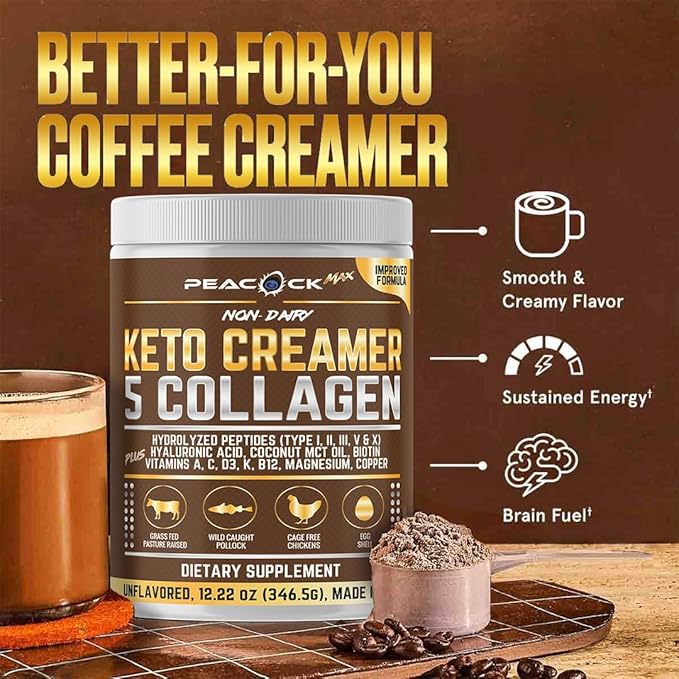 Collagen Keto Coffee Creamer Powder 12.2 oz - Hydrolyzed Collagen Peptides with Coconut MCT Oil, B12, Magnesium, Unflavored Protein Powder, Sugar Free Coffee Creamer for Smoothies & Baking