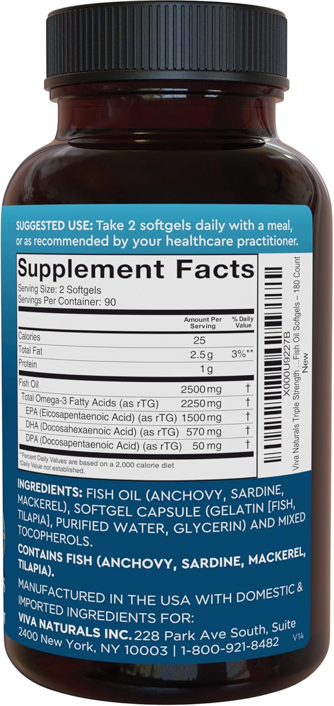 Triple Strength Omega 3 Fish Oil Supplement for Men and Women – 2500 mg High-Potency, Easy-to-Absorb Re-esterified Triglyceride Form, Pescatarian-Friendly DPA EPA DHA Omega 3 Supplement, 180 Softgels