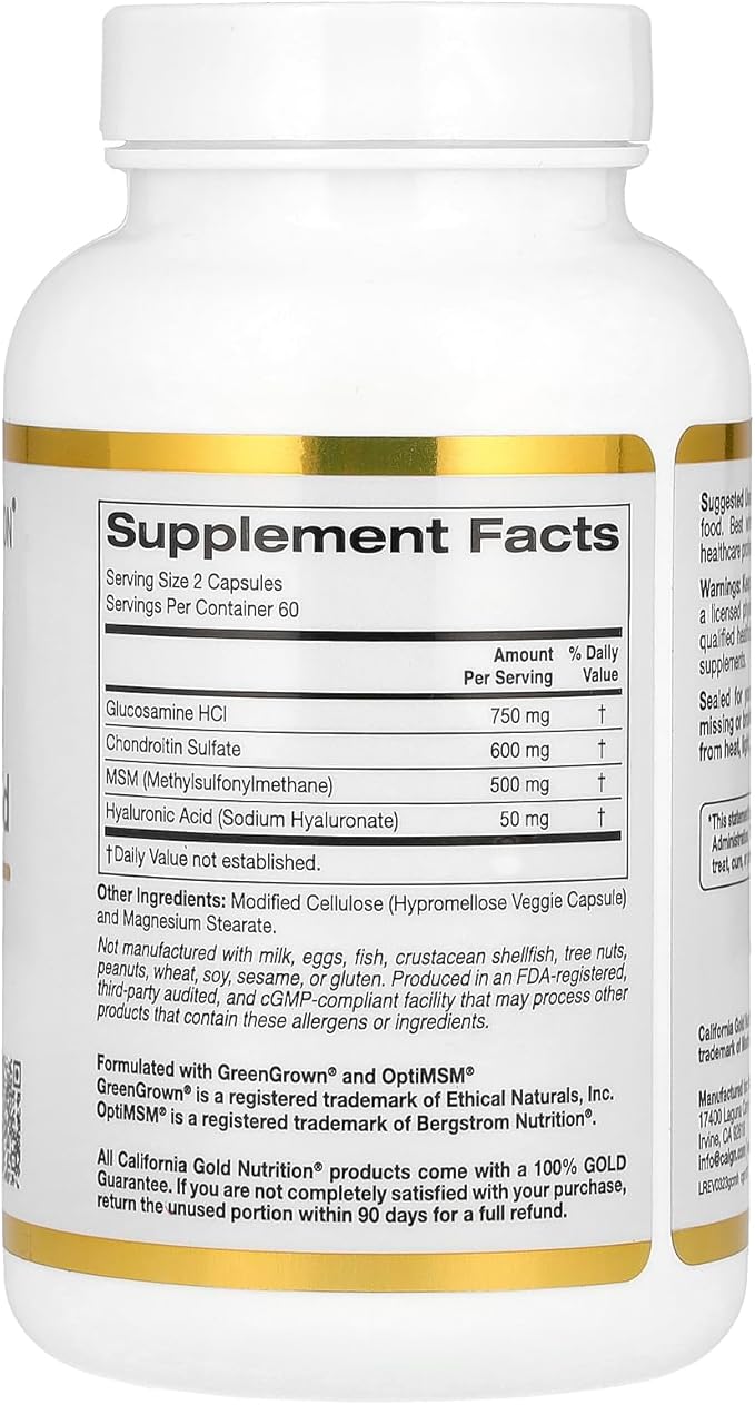 California Gold Nutrition Glucosamine, Chondroitin, MSM Plus Hyaluronic Acid, 120 Veggie Caps