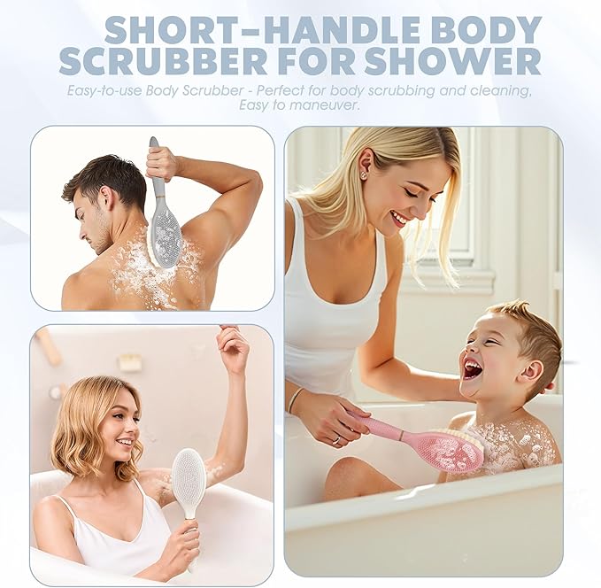 New Body Scrubber for Wet or Dry Brushing, Anti-Slip Corn-Handle Shower Brush with Large Dual-Side Head & Soft Bristles, Easy-to-use Bath Brushes for Lathering Cleansing(White-S)