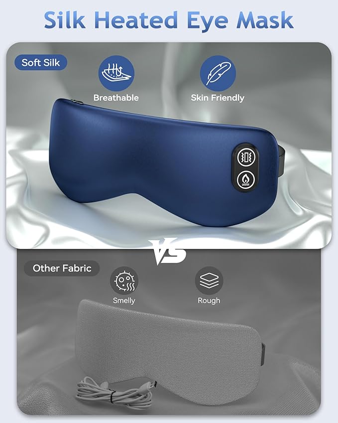 Heated Eye Mask with Massager, Cordless Silk Heating Eye Mask for Dry Eyes, Electric Warm Eye Compress for Sleep, Stye, Eyestrain, Washable Eye Heating Pad for Travel, Office, Home, Rechargeable, Blue