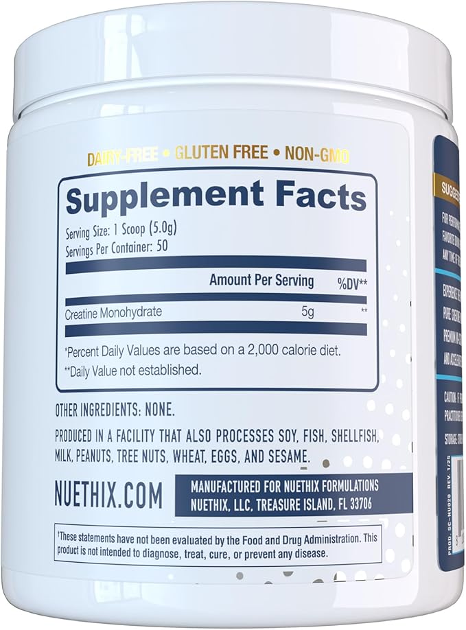 Nu-Creatine Pure Monohydrate to Support Muscle Growth & Recovery - Supports Cognitive Function - Maximize Your Performance and Workout - 5g per Serving - 50 Servings