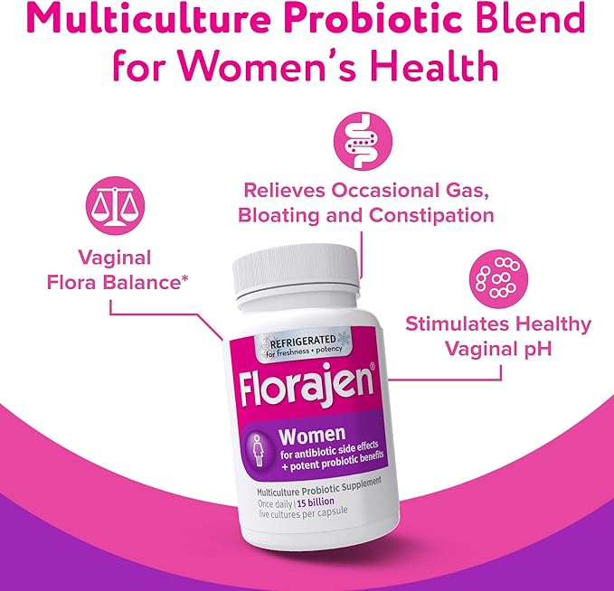 Florajen Women’s Probiotic for Vaginal Health, Gut Support, & Bloating Relief - Constipation Aid for Adults - Refrigerated for Freshness & Potency