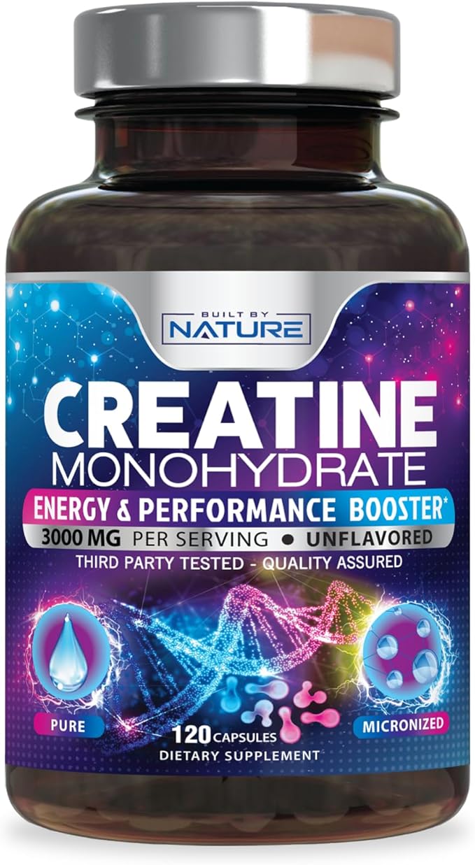 Built by Nature Creatine Monohydrate Pills - Micronized Creatine Supplement for Men & Women - Muscle Strength, Energy, Endurance, and Recovery - Gluten-Free, Vegan, Non-GMO - 120 Capsules