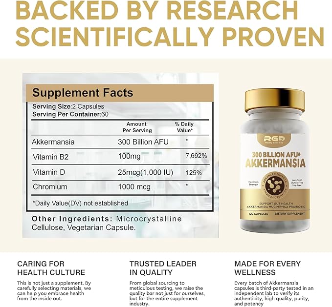 RGD 120 Capsules GLP-1 Akkermansia Probiotics 300 Billion AFU, Prebiotics and Probiotics Muciniphila for Immune & Overall Digestive Health, Gut Supplement for Men & Women