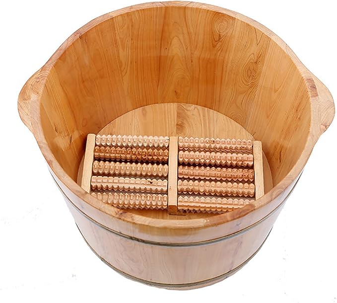 Wooden Foot Massage Tub, Bucket with Massage Roller, Relaxing Foot Spa, Portable Home Use