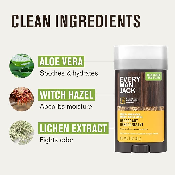 Every Man Jack Men's Deodorant Variety Set - Three Full-Sized Deodorant Sticks with Clean Ingredients & Incredible Scents - Cedar + Red Sage, Amber + Sandalwood, Sea Mineral + Citron - 3 oz (3 Pack)