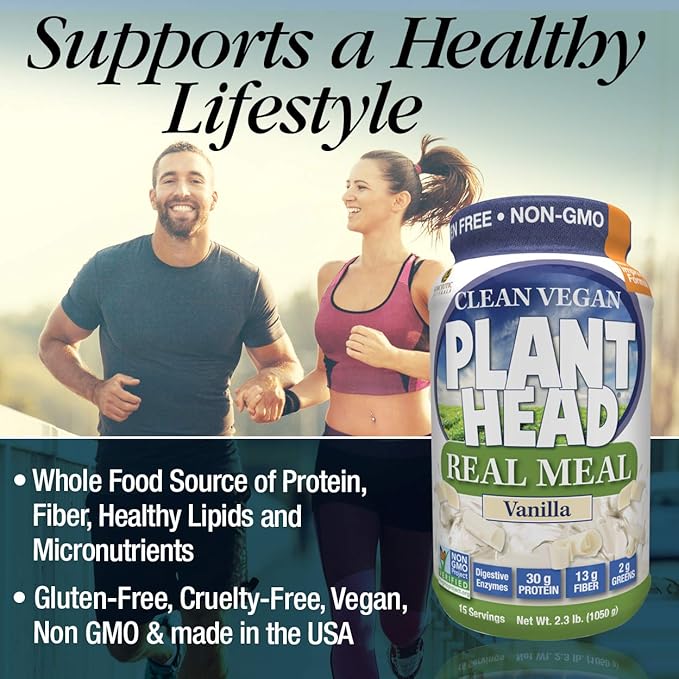 Plant Head Real Meal Organic Plant Based Protein Powder, Vanilla - Vegan, Low Net Carbs, Non Dairy, Gluten Free, Lactose Free, No Sugar Added, 2.3 Pound