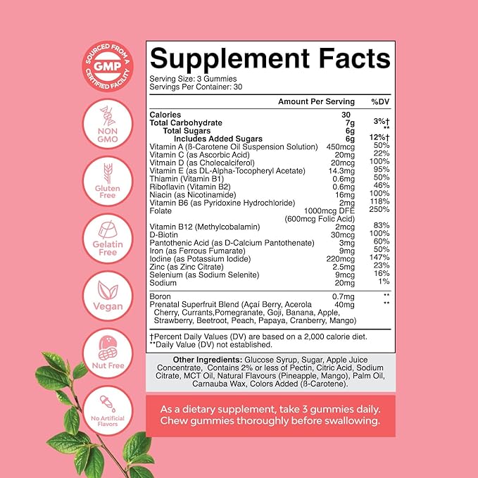 Vegan Prenatal Gummies for Women - Prenatal Vitamins for Women with Iron Folic Acid and Superfruit Blend - Chewable (Pineapple Mango) - 2 Months