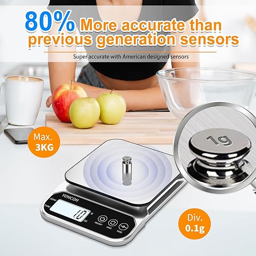 Smart Food Scale Digital Weight Grams and Oz, 3kg/0.1g Kitchen Scale for Weight Loss, Cooking, Baking, Super Accurate, Easy to Clean and Store, Tare Function (Batteries Included)