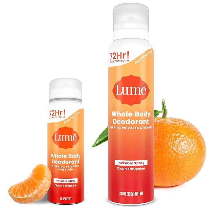 Lume Invisible Spray Deodorant For Women - Deodorant Spray + Mini Bundle - 72 Hr Odor Control - Ozone Friendly - Aluminum & Baking Soda Free, Skin Loving - 3.6 ounce + 1.0 ounce Mini (Clean Tangerine)