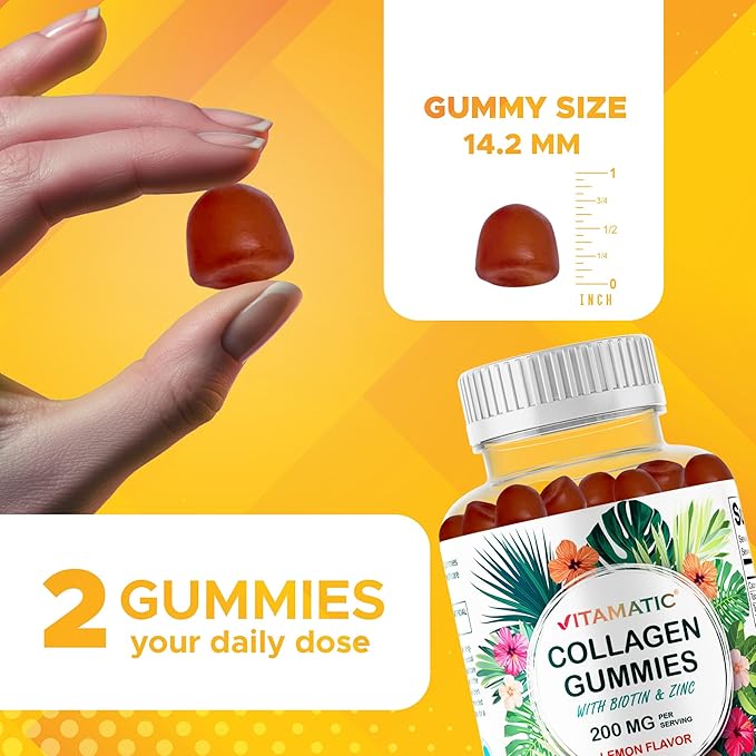 Vitamatic Hydrolyzed Collagen Gummies with Vitamin C, Zinc and Biotin, 200 mg - Healthy Skin Support - 60 Gummies