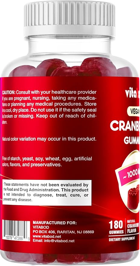 Cranberry Gummies Urinary Tract Health Supplement - 1000mg - 180 Pectin Based Gummies