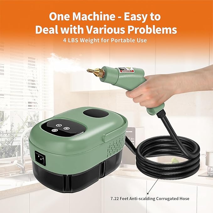 YXQ Handheld Steam Cleaner 2500W High Temperature Pressurized Steam Cleaner 10S Fast Heating with 3 Brush Heads and Extended Rod Portable Steam Cleaning Machine for Kitchen, Bathroom, Tile (Green)