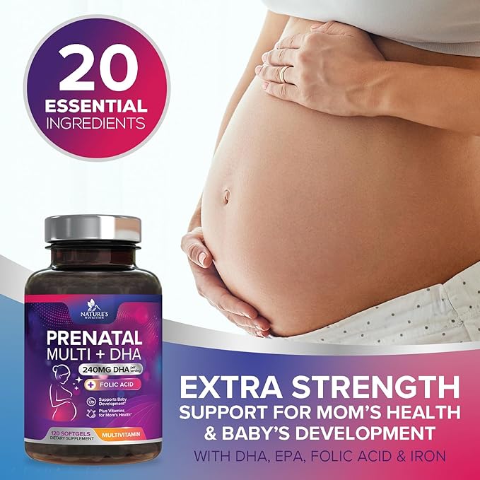Prenatal Vitamins with Folic Acid & DHA, Fetal Brain Development Support with Folate & Omega 3's, Prenatal Multivitamin for Women, Vitamin A, C, D, B6, B12 & Iron, Pregnancy Supplement - 120 Softgels