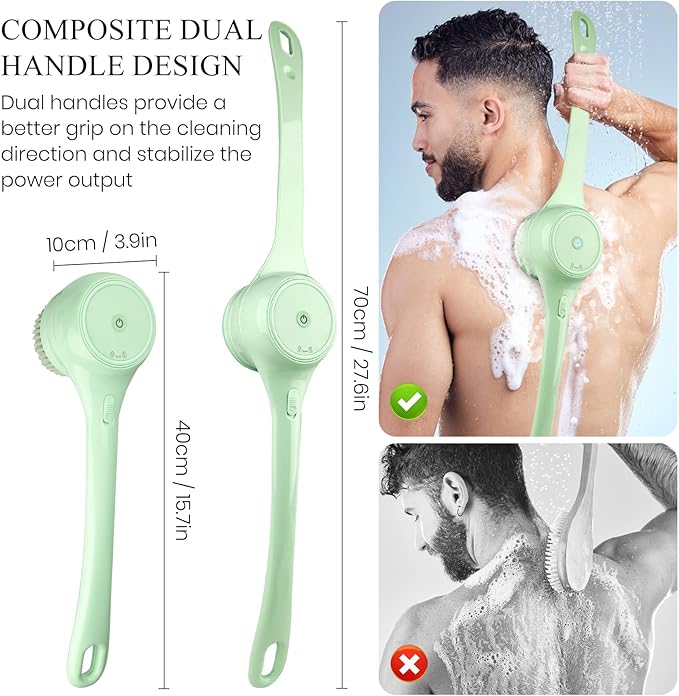 Electric Body Brush Back Scrubber for Shower, Dual Handle Auto Spinning Exfoliating Massage Bath Brush with 5 Brush Heads, Deep Cleansing, Waterproof, Rechargeable Rotating Body Brushes