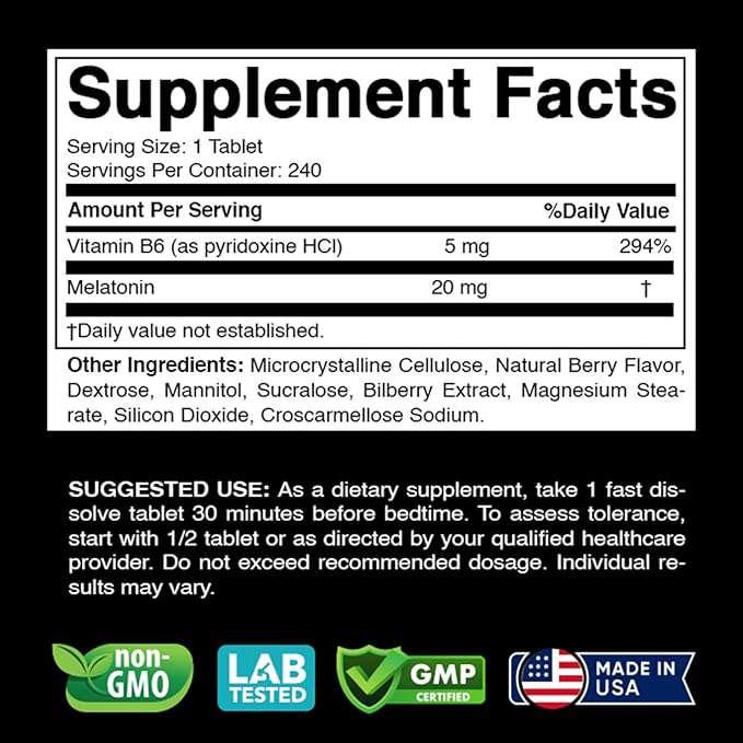 Melatonin 20 mg - 240 Fast Dissolve Tablets - Drug Free - Natural Berry Flavor - Vegetarian, Non-GMO, Gluten Free 240 Count (Pack of 2)