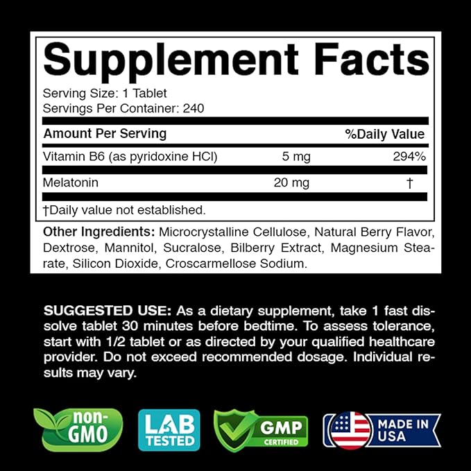 Melatonin 20 mg - 240 Fast Dissolve Tablets - Drug Free - Natural Berry Flavor - Vegetarian, Non-GMO, Gluten Free 240 Count (Pack of 1) (240 Count (Pack of 1))