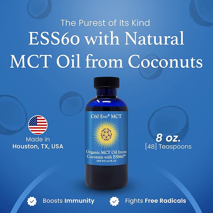 MCT Oil from Coconuts with C60 ESS60, Immune Support, Sleep Aid Rich in Antioxidants, Flexibility and Joint Support Supplement, Promotes MCT Wellness for Energy Boost, 8 oz