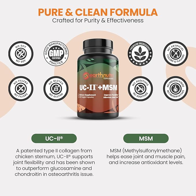 UC-II & MSM Supplement for Bone Health and Joint Flexibility - Supports Mobility & Comfort - 40mg UC-II Providing 10mg Total Collagen & 1000mg MSM - 60 Capsules (2 Caps Daily)