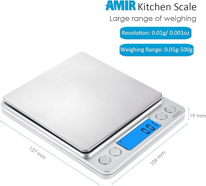 (Upgraded) AMIR Digital Kitchen Scale, 500g Mini Pocket Jewelry Scale, Food Scale, Coffee Scale, Back-Lit LCD Display, 2 Trays, 6 Units, Auto Off, Tare, PCS, Stainless Steel (Batteries Included)