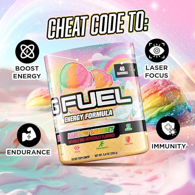 G Fuel Rainbow Sherbet Energy Drink Powder, Pre Workout Caffeine Mix for Gaming, Sugar Free Focus Amino, Vitamin + Antioxidants, 9.9oz (Rainbow Sherbet, 40 Servings)