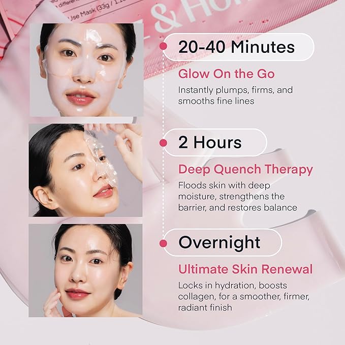 Terez & Honor Collagen Face Mask Overnight - 8 ea x 33g 100 Dalton Ultra Low Bio Collagen Gel Mask for Glass Glow Skin, Deep Hydration, Wrinkle, Fine Lines, Pore, Elasticity & Firming, Korean Skincare