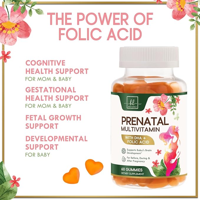 Prenatal Vitamins for Women with DHA & Folic Acid - Best Prenatal Multivitamin Gummies for Women, Brain Development Support, Folate, Vitamin C, D3 & B12, Pre Natal Pregnancy Supplement - 60 Gummies